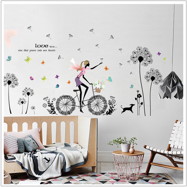 Decal dán tường Cô gái và hoa bồ công anh đen AmyShop DKN109 (93 x 170 cm)