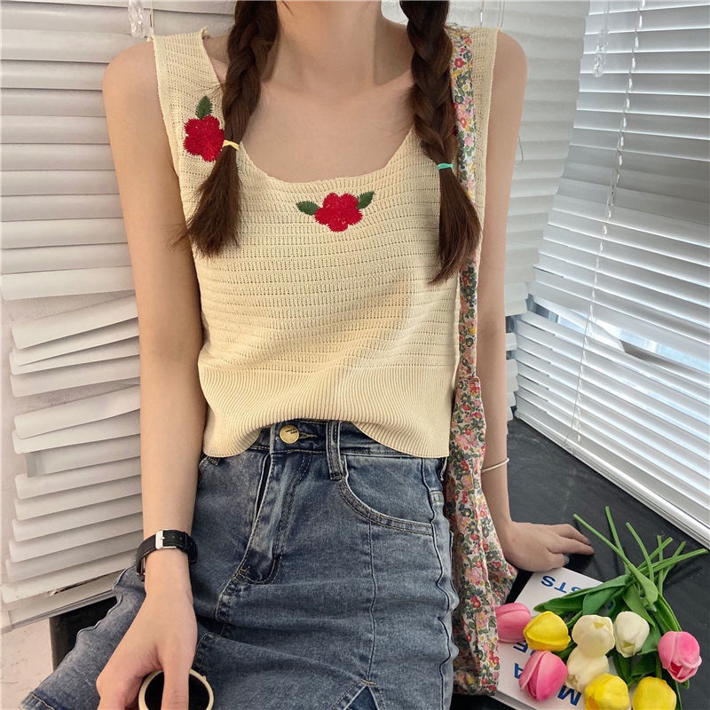 Thêu Áo hai dây Dệt Kim Nữ Phong Cách Mùa Hè Mới