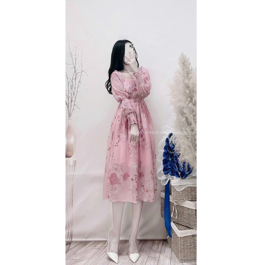 Váy đầm nữ dáng xòe họa tiết hoa tay dài chất voan cao cấp 2 lớp mềm mịn