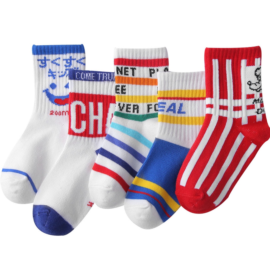 Set 5 đôi vớ cotton phong cách thể thao dành cho trẻ em 1-12 tuổi