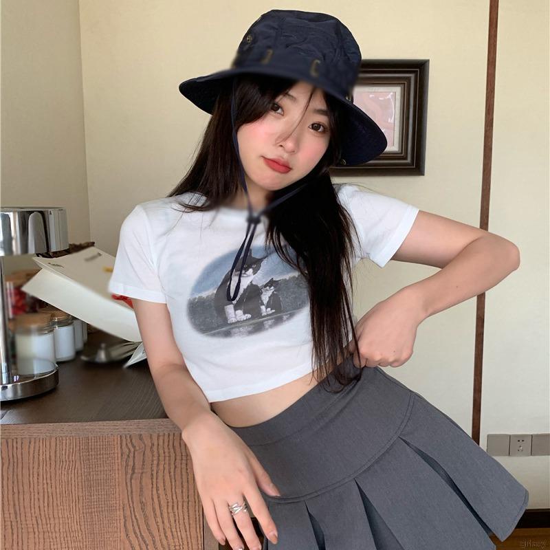 Áo thun croptop tay ngắn cổ tròn in họa tiết phong cách Hàn Quốc retro trẻ trung thời trang