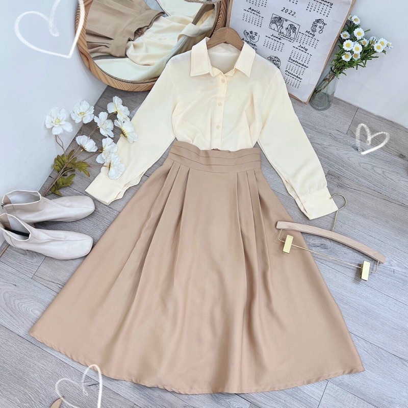 Set áo lụa + chaâ váy xòe dài