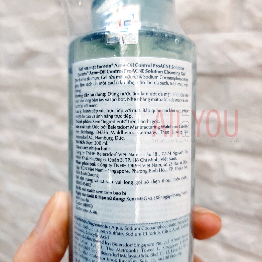 EUCERIN Pro Acne Solution Cleansing Gel 75mL & 200mL & 400mL - Gel Rửa Mặt Cho Da Dầu Mụn.