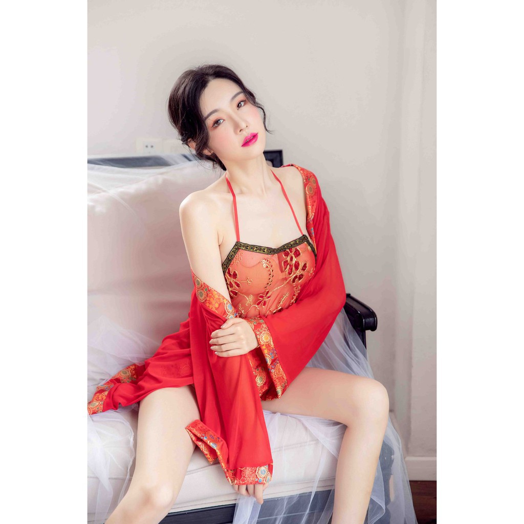 Set Váy Ngủ Ren Lưới Cosplay Cô Gái Trung Hoa Yếm Đỏ Kèm Áo Choàng Ren Lưới Quyến Rũ | WebRaoVat - webraovat.net.vn