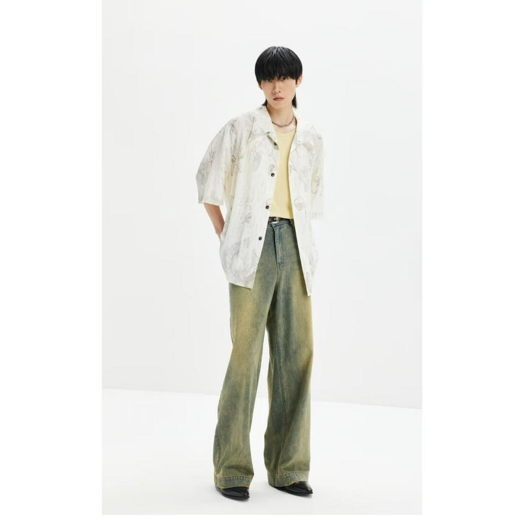 Magee Áo Sơ Mi Tay Ngắn Cổ Nhọn In Họa Tiết Retro Hàn Quốc Trẻ Trung Phổ Biến Thời Trang Cho Nam