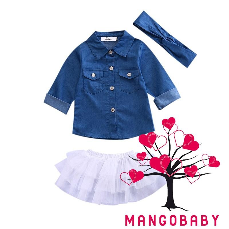 Bộ Đồ Thời Trang 3 Món Áo Sơ Mi Denim + Váy Xòe + Băng Đô Cho Bé Gái Y08 -