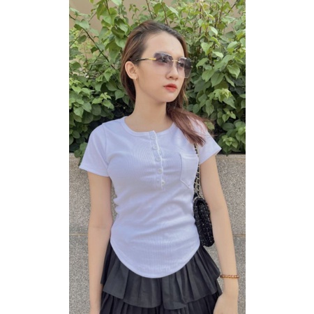 Áo thun nữ cúc thật có túi TAY NGẮN - CH11