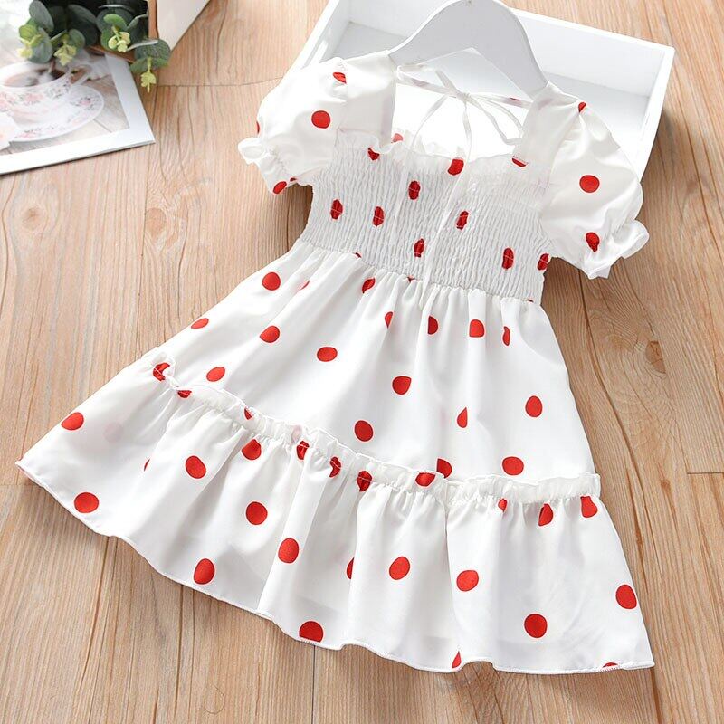 Đầm Tay Phồng Cổ Vuông Họa Tiết Chấm Bi Đỏ Thời Trang Mùa Hè Cho Bé Gái 2-7 Tuổi