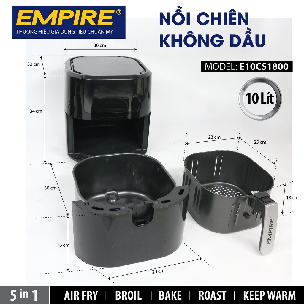 Nồi Chiên Không Dầu Empire dung tích 10L EMPNCKD1400 Công suất 1800W điều khiển bằng cảm ứng, bảo hành 12 tháng