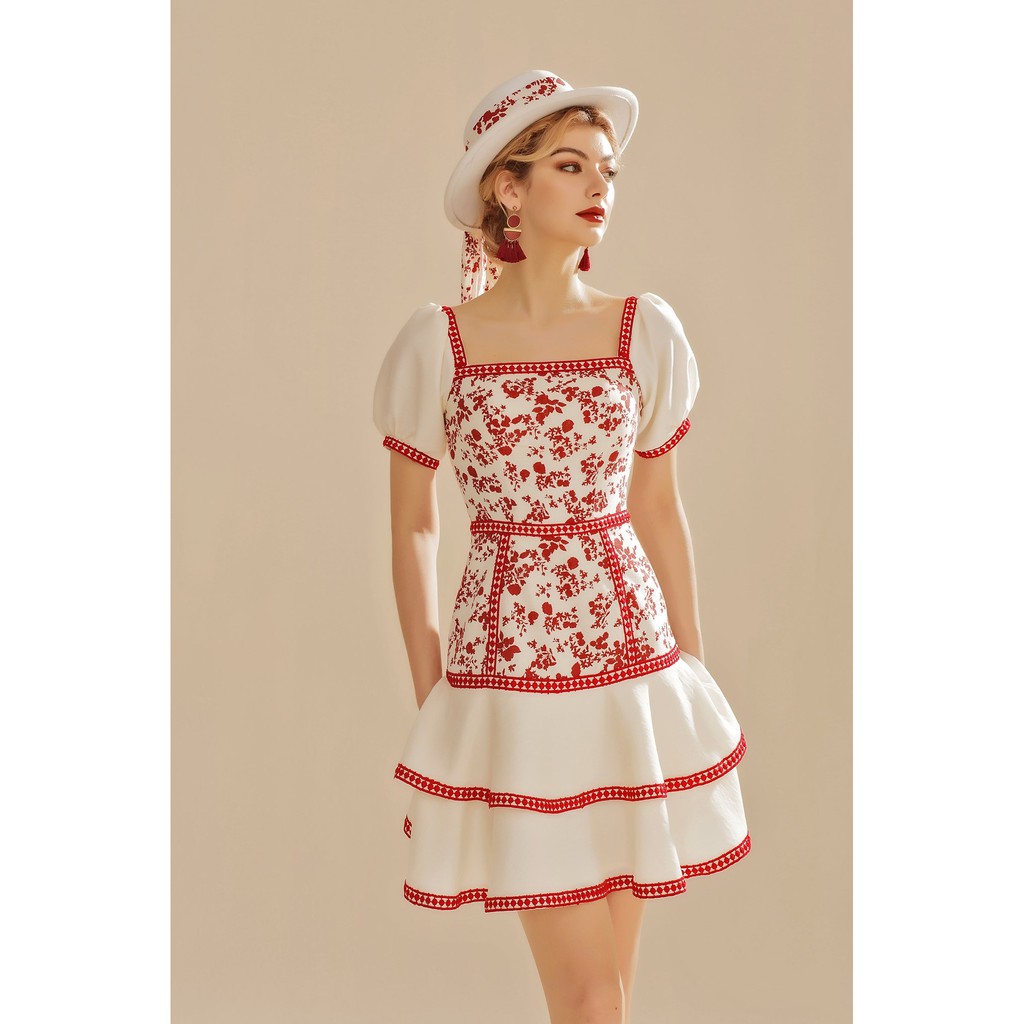 Thanh Lý Sò Vintage Size S - Vian Đầm Thiết Kế Hoa Tay Phồng Cổ Vuông Phối Ren