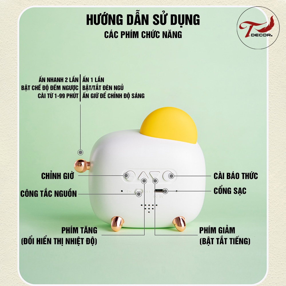 Đồng Hồ Bé Trứng Cute-Đồng Hồ Decor Trang Trí Bàn Học, Bàn Làm Việc-Kiêm Đèn Ngủ-Kết Nối ĐT Thông Minh Kèm Sạc USB - T