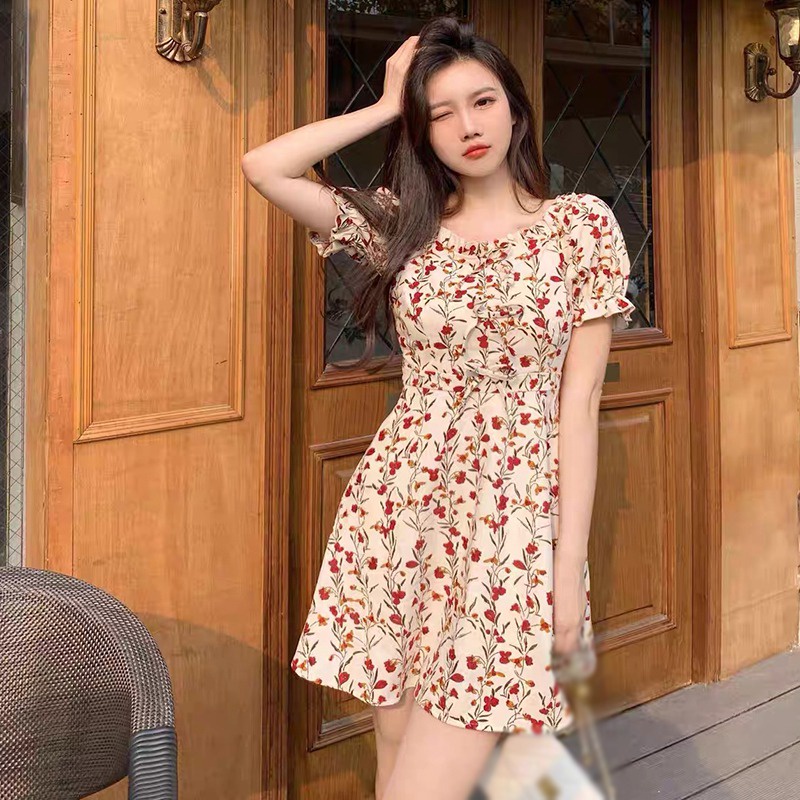 Đầm Tay Ngắn Chiết Eo In Hoa Phong Cách Hàn Quốc Xinh Xắn Cho Nữ