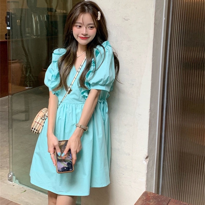 Đầm Mỏng Mùa Hè Tay Phồng Viền Màu Trơn Kiểu Pháp Mới Cho Nữ