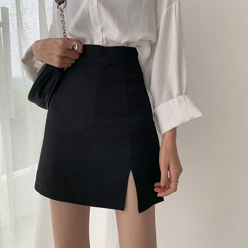 2021 summer new high-waisted short skirt, anti-glare A-line skirt, black and thin, large size split half-length hip skirt | BigBuy360 - bigbuy360.vn