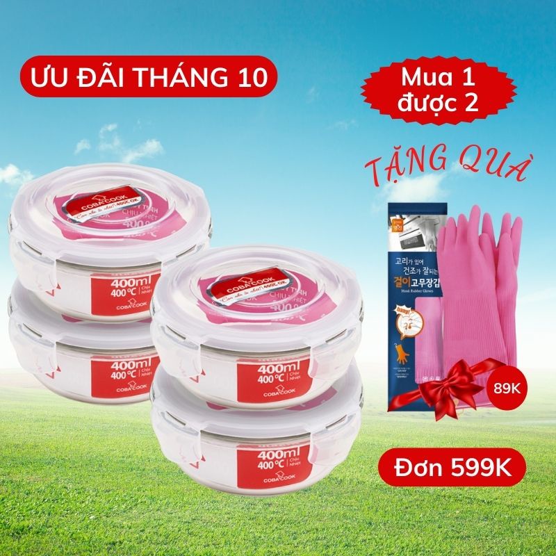Bộ 4 hộp thủy tinh hộp đựng cơm trữ thức ăn thực phẩm trong tủ lạnh chịu nhiệt COBA'COOK hình tròn- CCR44