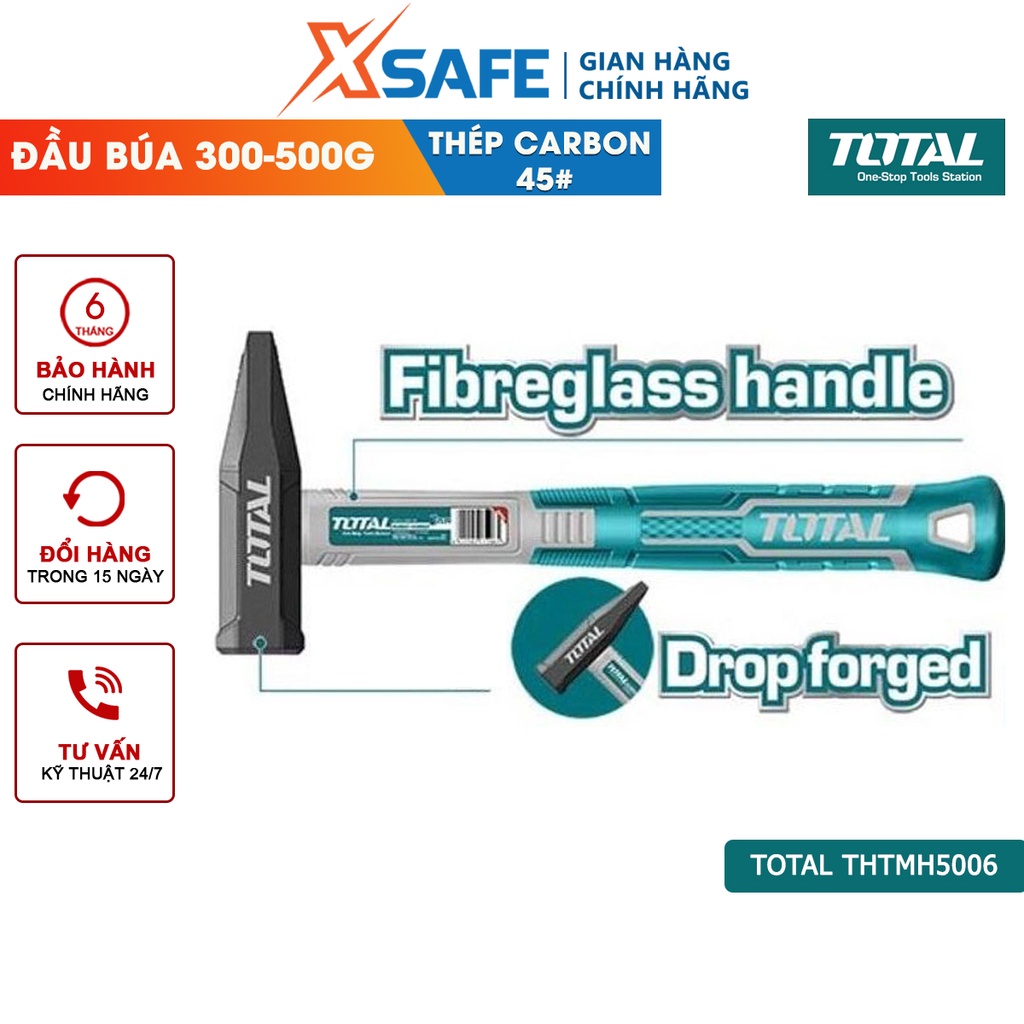 Búa đinh đầu dẹp và vuông TOTAL trọng lượng 300-500g, thép carbon 45#, chịu nhiệt - Chính hãng - Xsafe