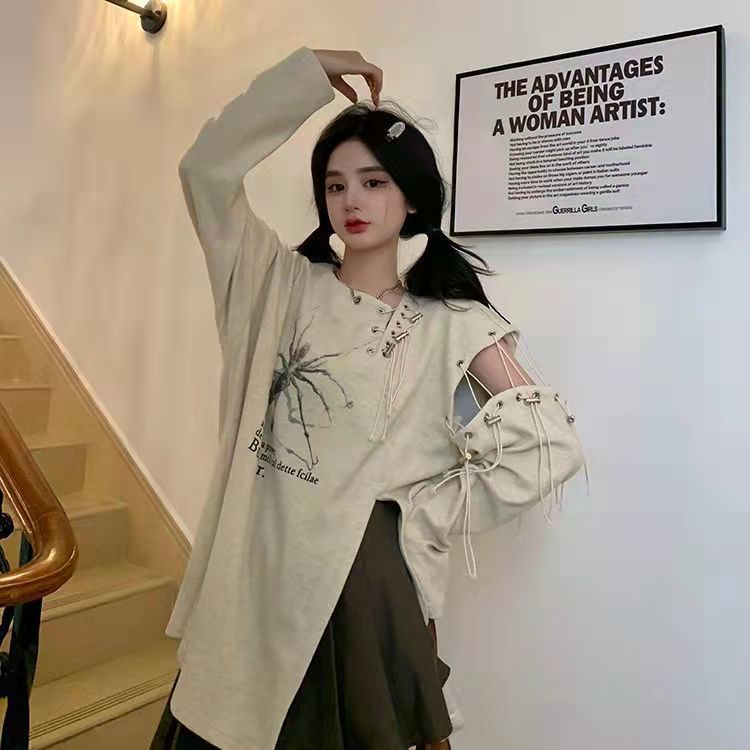 Niche American sexy off-shoulder loose Spider printed split T-shirt female hot girls lazy fashion all-match ins top cMvC