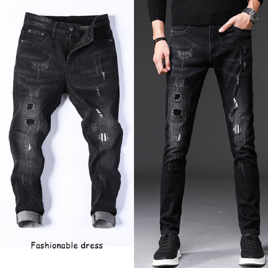 Quần Jeans Nam Slim Fit ống côn co giãn rạch nhẹ màu đen phong cách Hàn Quốc