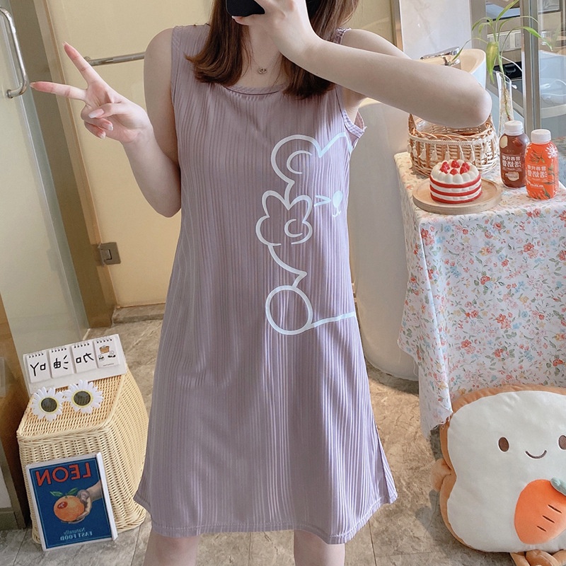 Pijama Váy Ngủ Nữ Mặc Ở Nhà 3 Ba Lỗ Có Đệm Ngưc Mùa Hè Vải Co Giãn 4 Chiều Thời Trang Cộc Tay Xuân Thu Đi Chơi Biển VN21