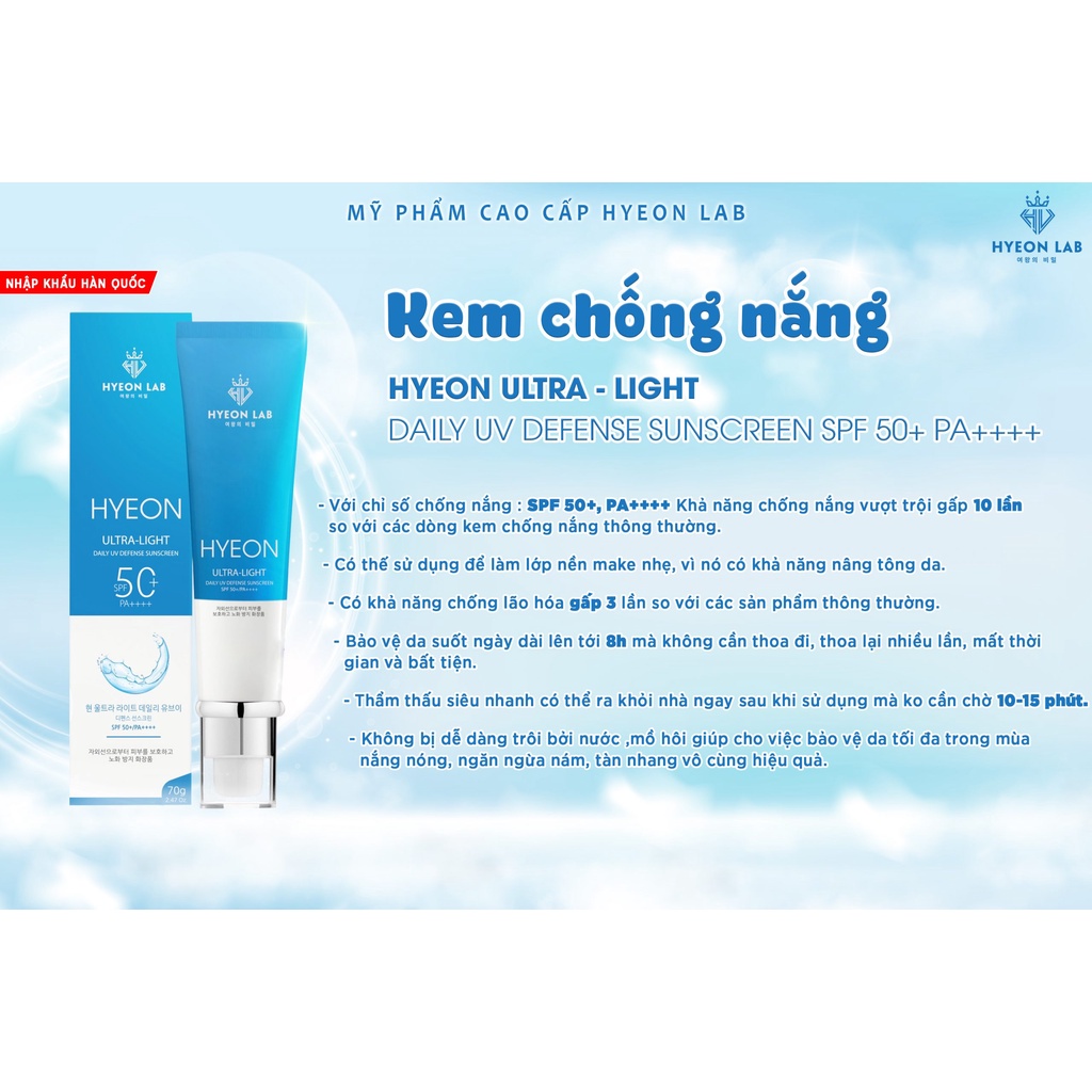 [CHÍNH HÃNG] Kem Chống Nắng ( Hyeon Ultra Light Daily UV Defense Sunscreen ) NHẬP KHẨU HÀN QUỐC