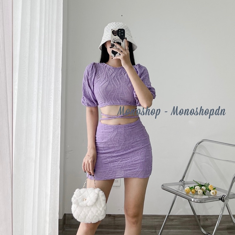 Set áo croptop đan dây sau cột dây eo kèm chân váy ôm vải lượn sóng Ảnh thật/ sẵn