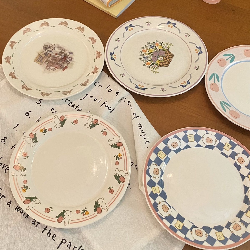 Đĩa Sứ Tròn Họa Tiết Hoa Dễ Thương Phong Cách Hàn Quốc