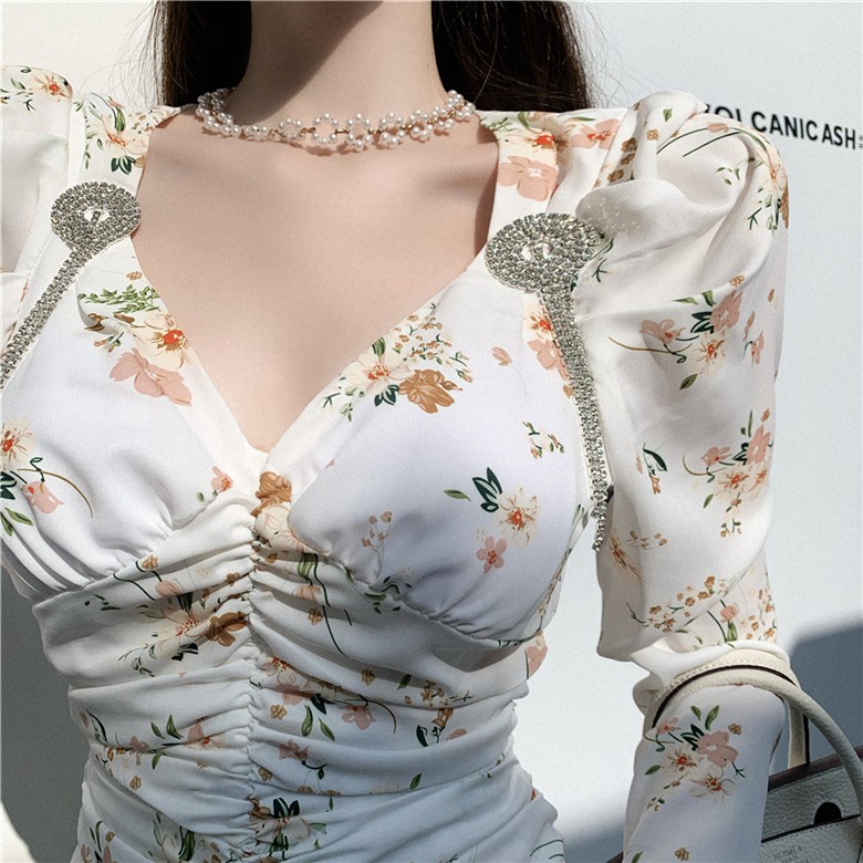 Đầm nữ hoa nhí dáng ôm tay dài mini Emilyshop