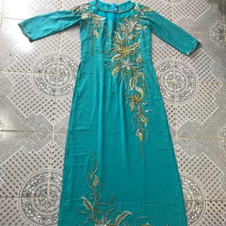 Xả áo dài truyền thống đính đá pha lê cao cấp vàng trắng