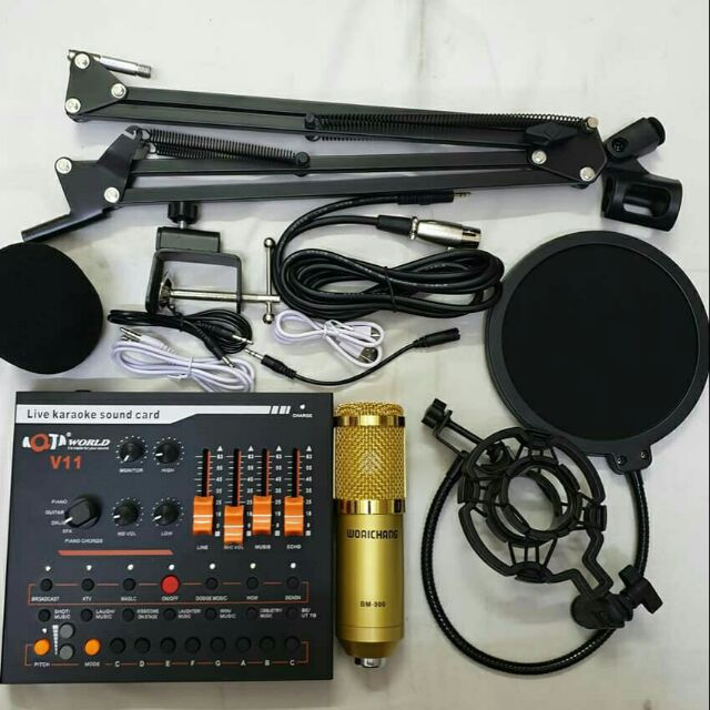 Combo trọn bộ livestream thu âm mic Woaichoang BM-900 + Sound card V11 + Full phụ kiện