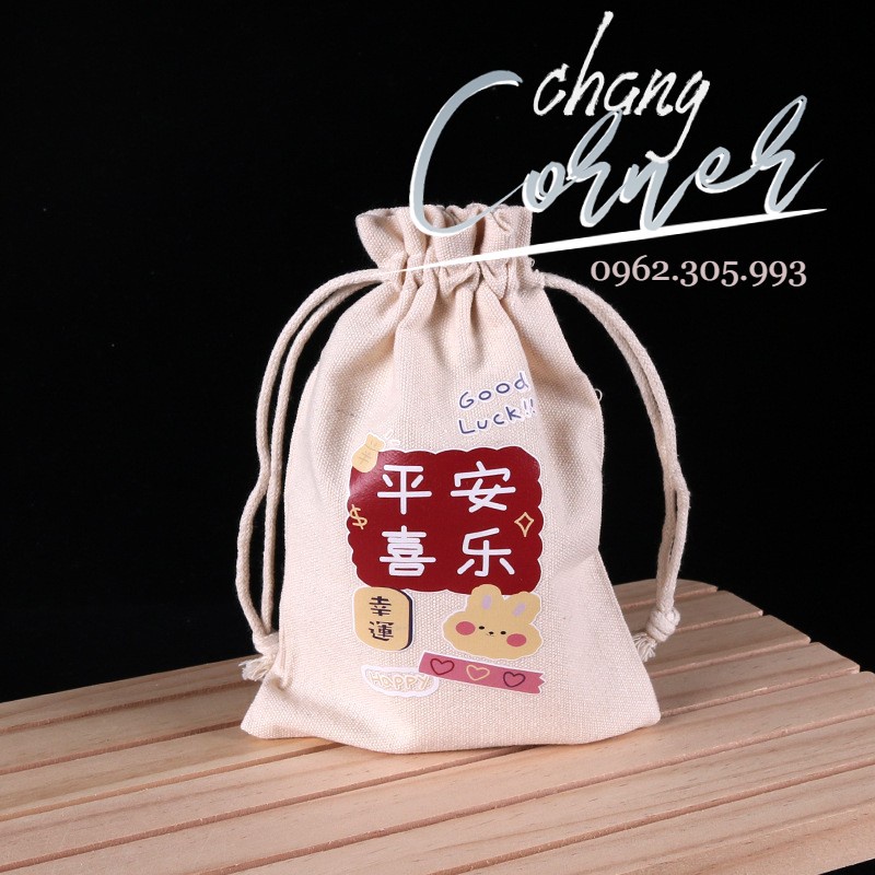 Túi vải canvas dây rút 10x14cm in hình dễ thương đựng quà, làm quà tặng, đựng trang sức, mỹ phẩm, băng vệ sinh