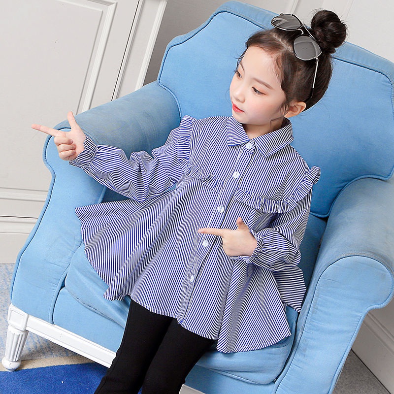 Áo Sơ Mi Kẻ Sọc Viền Bèo Phong Cách Hàn Quốc Thời Trang Mùa Xuân Mới 2022 Cho Bé Gái