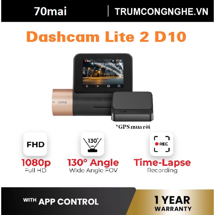 Camera hành trình ô tô 70mai Dash Cam lite 2 Midrive D10 Tích hợp GPS 1080P fullHD Tầm nhìn ban đêm Điều khiển qua APP