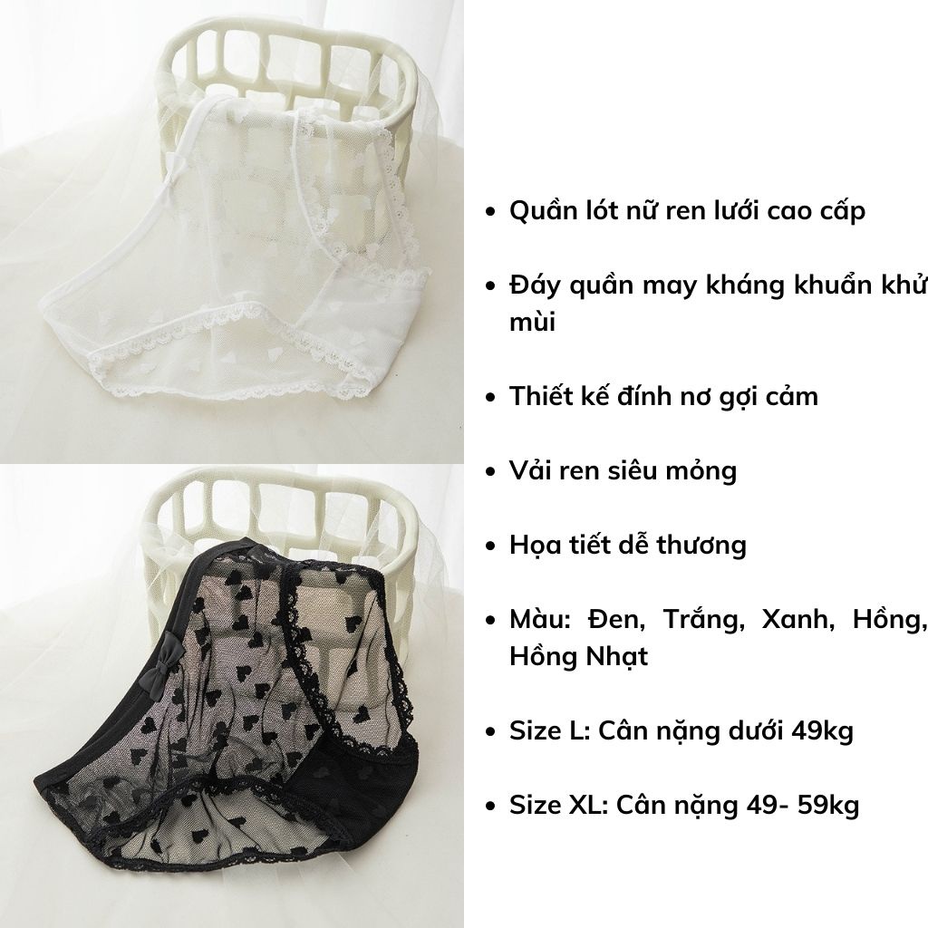 Quần lót nữ ren lưới cao cấp siêu mỏng sexy, Quần chíp nữ đính nơ kèm họa tiết dễ thương gợi cảm LANIXA  L256