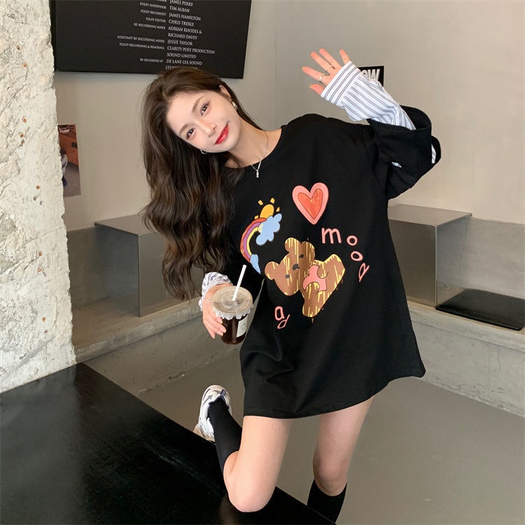 Áo thun tay dài giả hai lớp dáng rộng họa tiết kẻ sọc phong cách Hàn Quốc thời trang mới cho nữ