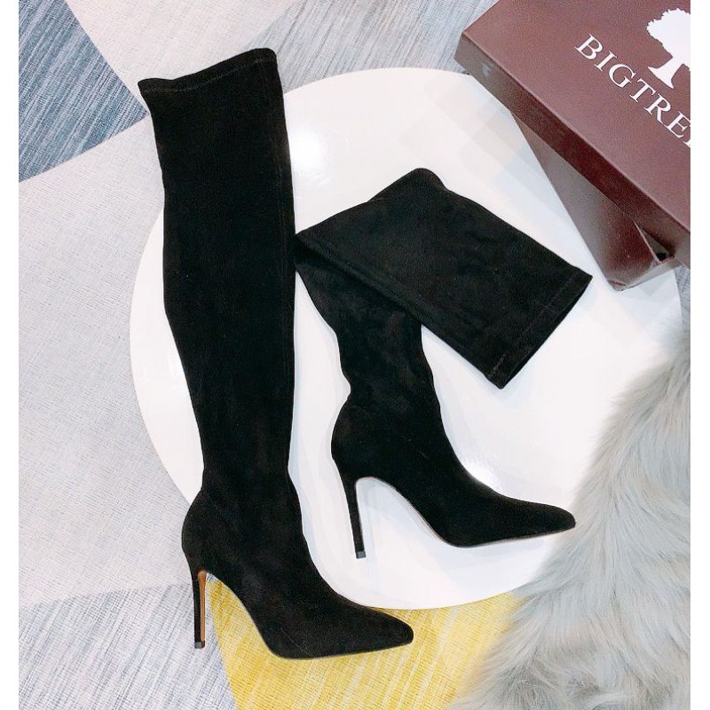 [HÌNH THẬT]Boot Đùi Big Tree Nỉ Nhung Mềm Êm  Mũi Nhọn Gót Nhọn 7p Fullbox