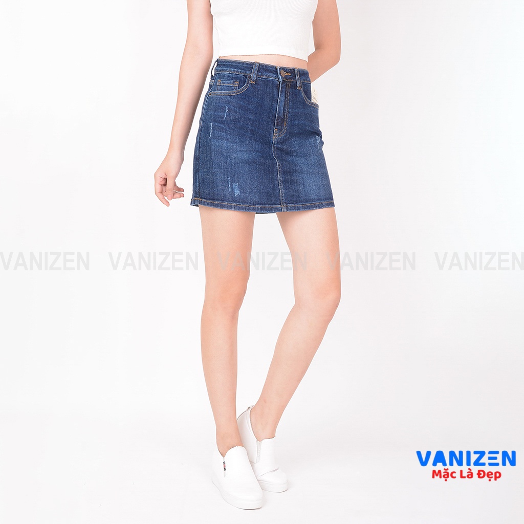 Chân váy jean nữ có quần bên trong đẹp lưng cao cạp cao xước nhẹ gấu căn bản hàng hiệu cao cấp mã 457 VANIZEN