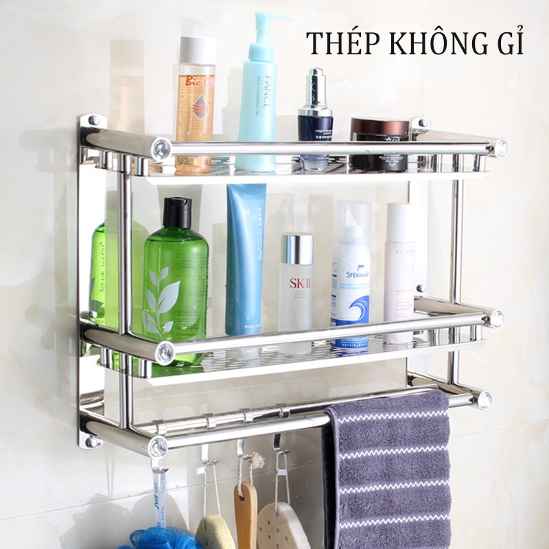 [HCM]Giá treo khăn không lỗ giá treo khăn tắm dày hai lớp inox kệ phòng tắm Kích thước: Hai lớp 50CM (đục lỗ miễn phí)