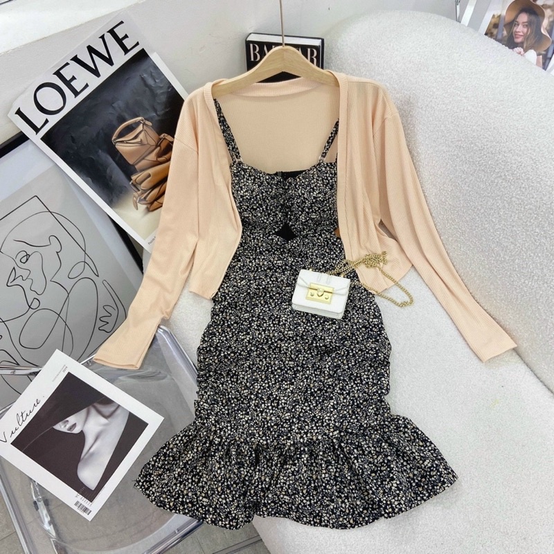 set váy hoa 2 dây kèm cardigan