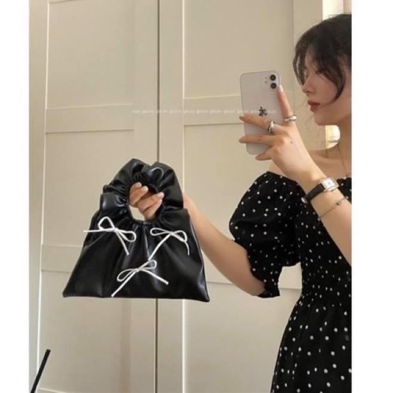 Túi xách cầm tay nơ mini hình vuông da pu trơn đen thiết kế - Order taobao quảng châu