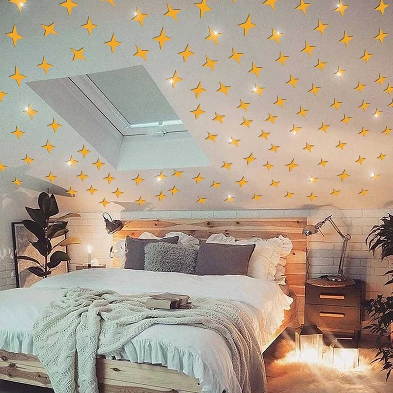 Bộ 50 Miếng Dán Tường Tráng Gương Hình Ngôi Sao 3D Bằng Acrylic DIY