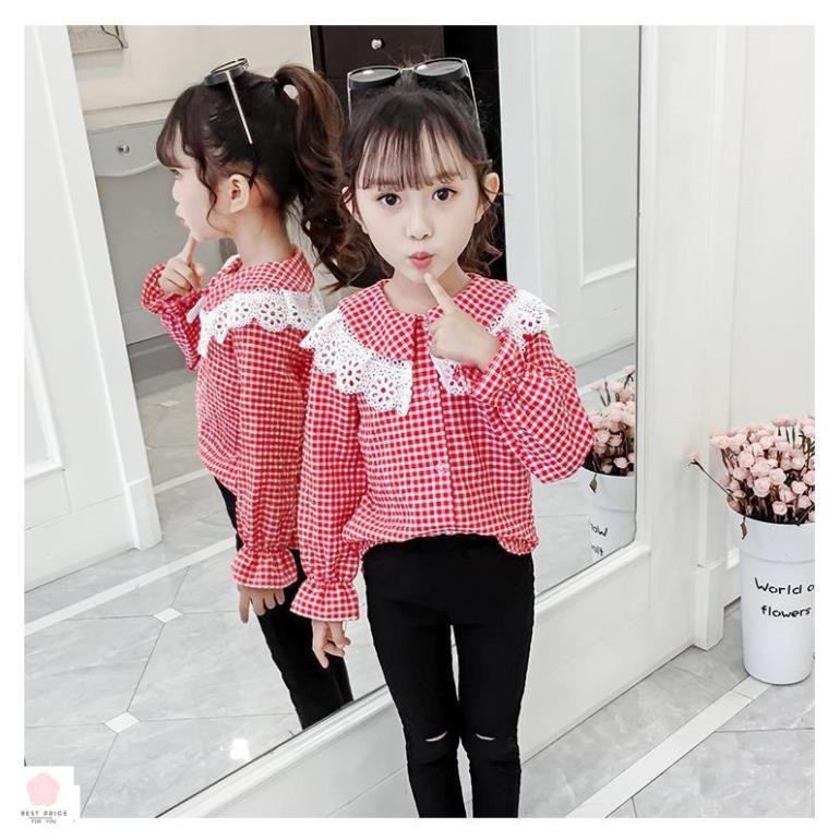 Áo sơ mi bé gái 3 tuổi -12 tuổi ☑️ Sơ Mi Dài Tay Kẻ Ô, Cổ Áo Cách Điệu, size đại 20kg 25kg 30kg 35kg 40kg