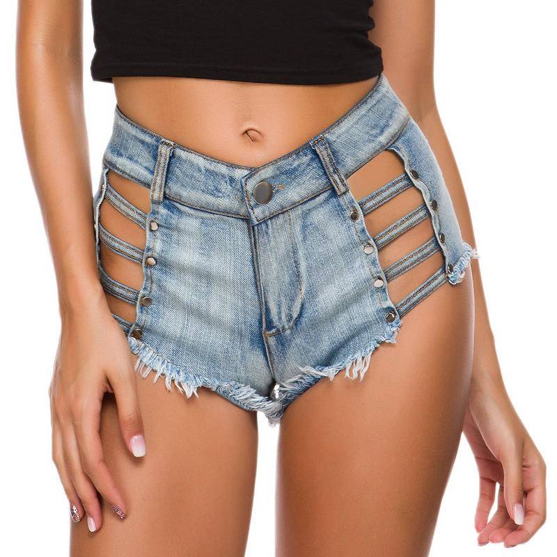 675# Feminine Quần short denim Siêu Ngắn Cạp Cao Rách Lỗ Có Nút Cài Cho Quán bar/Câu Lạc Bộ