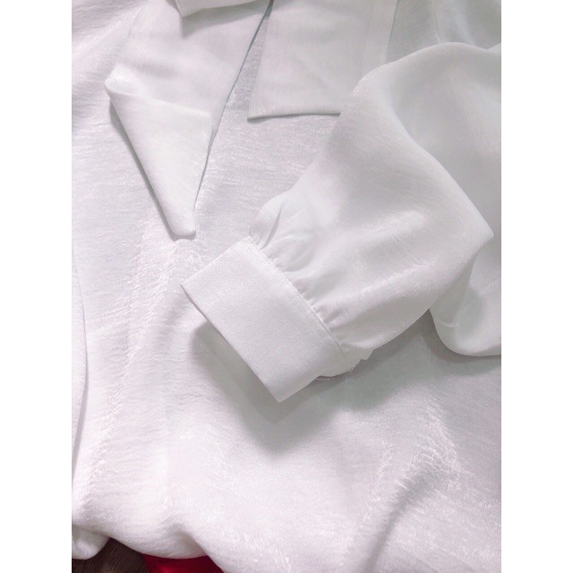 Áo sơ mi kiều nữ lụa tằm cổ nơ dài tay ba màu trắng, đỏ, ghi | BigBuy360 - bigbuy360.vn