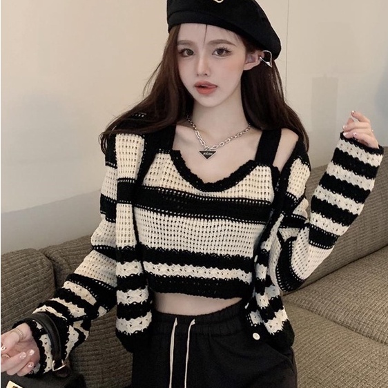 Bộ áo cardigan dệt kim sát nách kẻ sọc + quần lưng cao ZHELIHANGFEI quyến rũ thời trang cho nữ