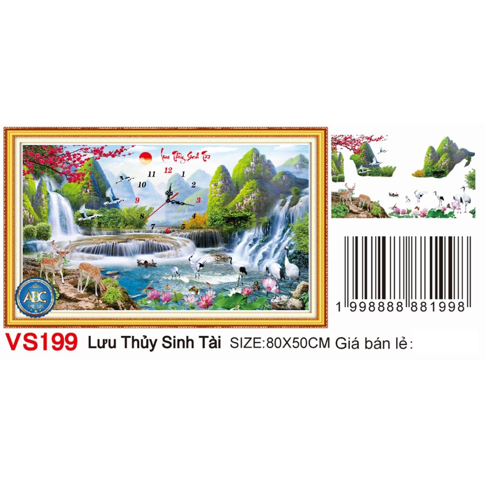 Tranh Đính Đá Đồng Hồ Phong Cảnh KT:80 x 50 cm