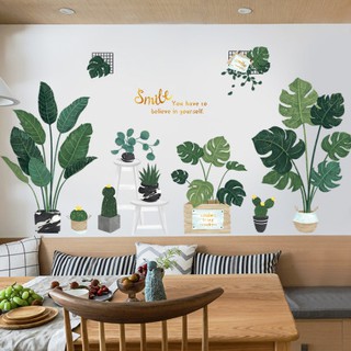 decal dán tường chậu cây xanh