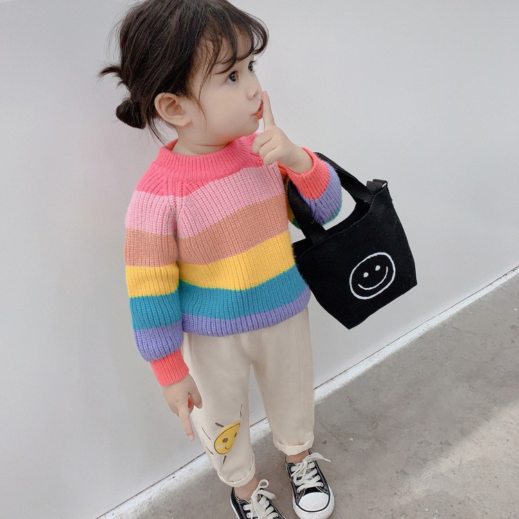 Áo Sweater Dệt Kim Cổ Tròn Tay Dài Màu Cầu Vồng Cho Bé Gái