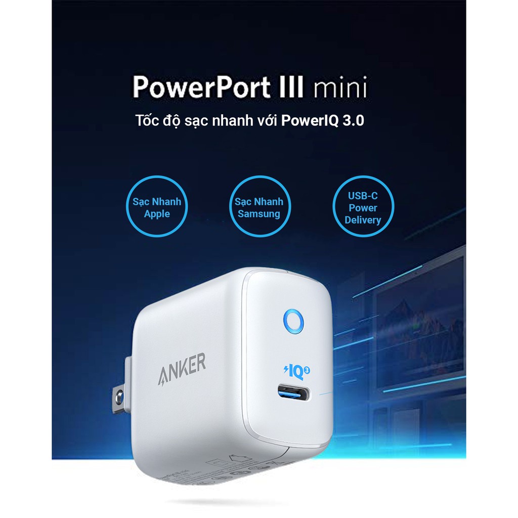 Củ sạc nhanh ANKER PowerPort III CHÂN GẬP mini 1 cổng PIQ 3.0 30W - A2615 - Bảo hành 12 tháng