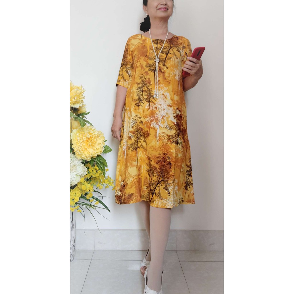 Váy Đầm Trung Niên Form Chữ A - Vải Lụa Đũi Không Co Giãn Mát - Size 50Kg - 85Kg | BigBuy360 - bigbuy360.vn