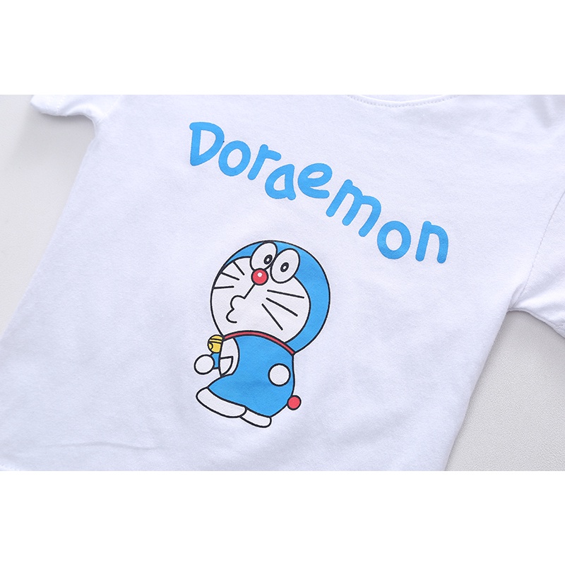 Set Áo Thun Tay Ngắn Cổ Tròn + Quần Short Denim In Hình Doraemon Thời Trang Mùa Hè Cho Bé Size 80-120cm